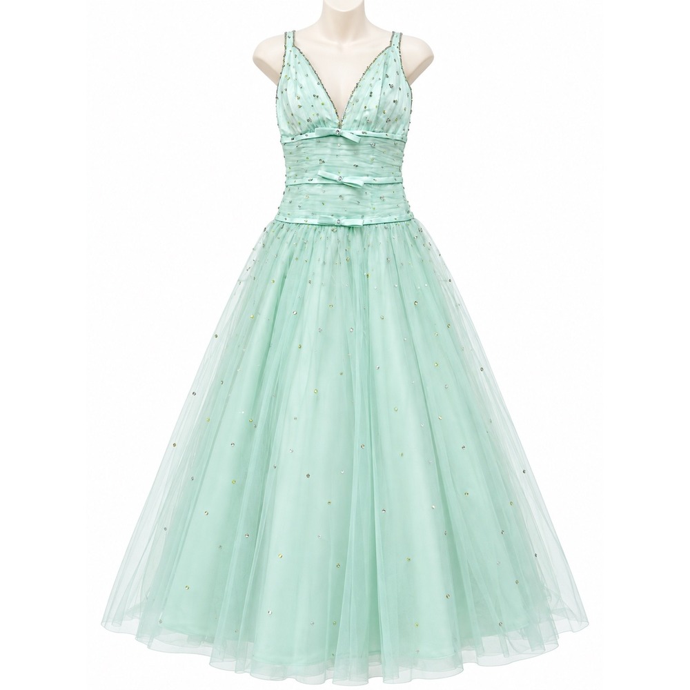 Antonio Castelli Vtg Silk Tulle Gown Mint Green Rhinestone Bow Formal Dress Sz 4